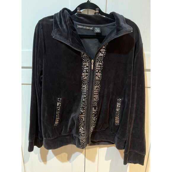 Mirror Image Black Jacket Womens 1X Velour Sparkling Zip Front - Picture 1 of 7